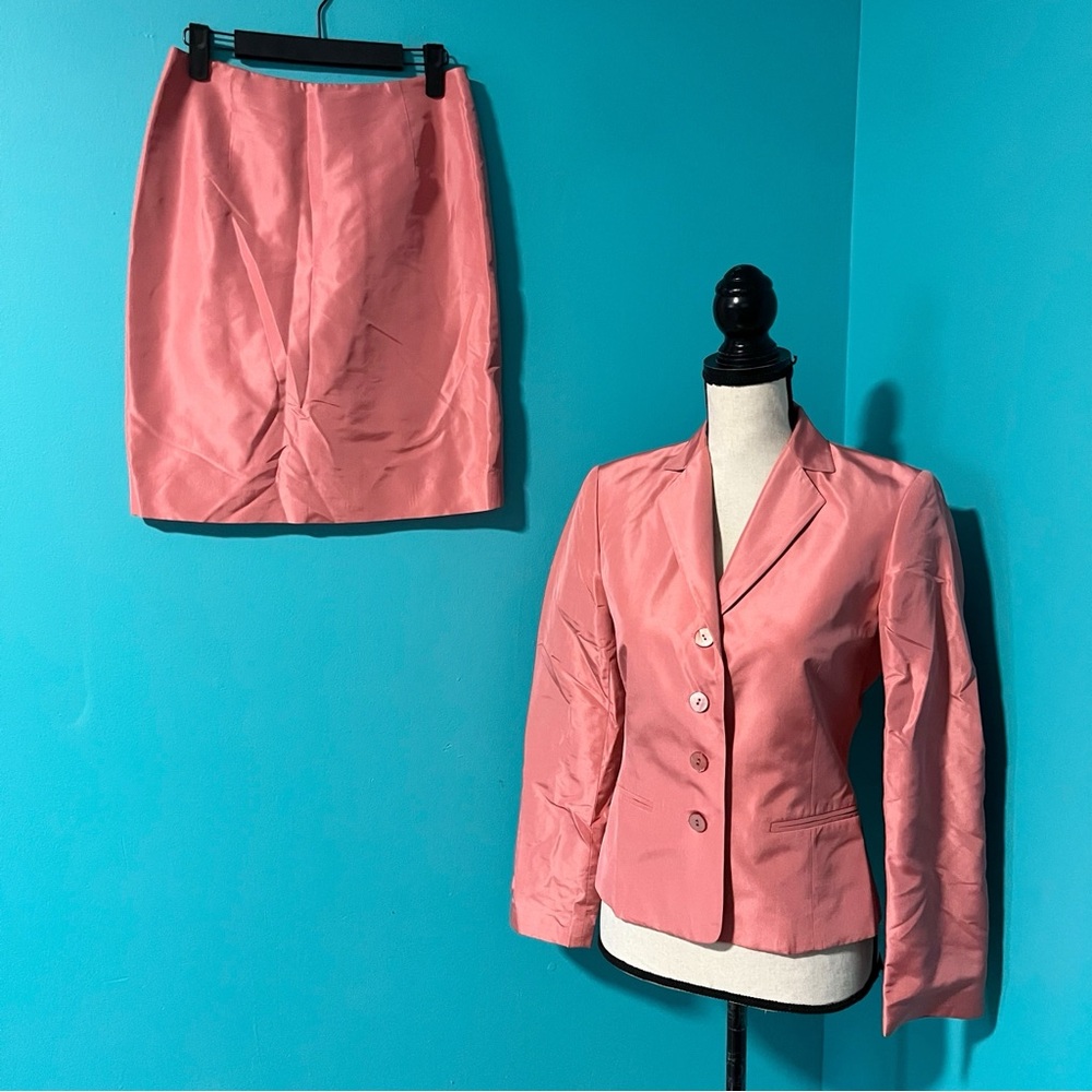 Oscar by Oscar de la Renta SP Pink 100% Silk Taffeta Blazer Skirt Suit Set